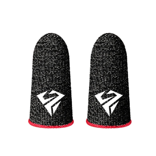 Pair of fabric gaming finger sleeves on thumbs holding a phone