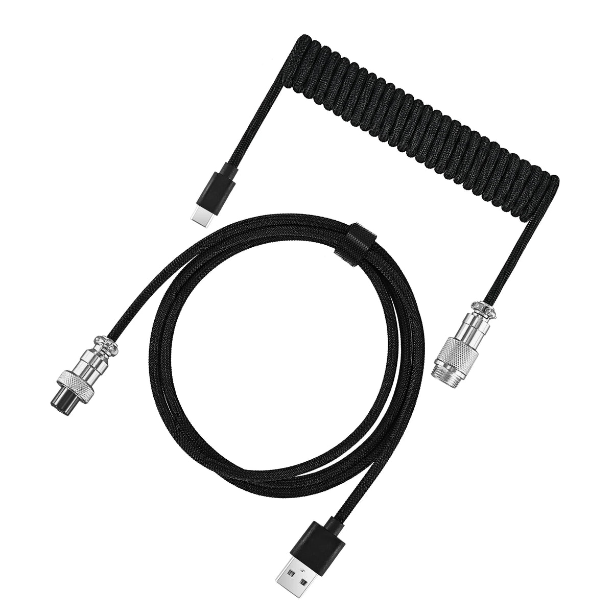 Coiled USB-C keyboard cable with a metal aviator connector