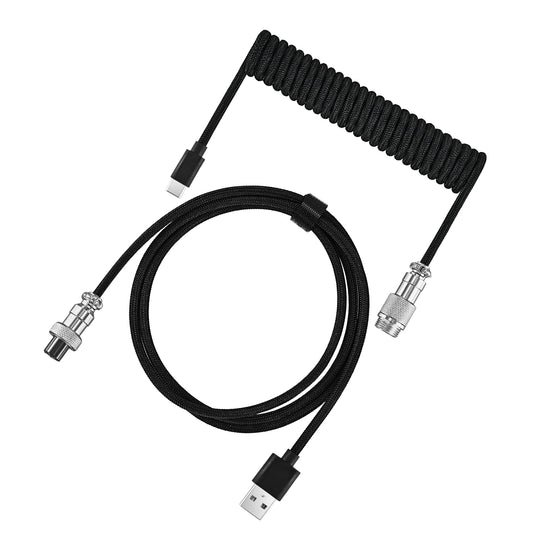 Coiled USB-C keyboard cable with a metal aviator connector