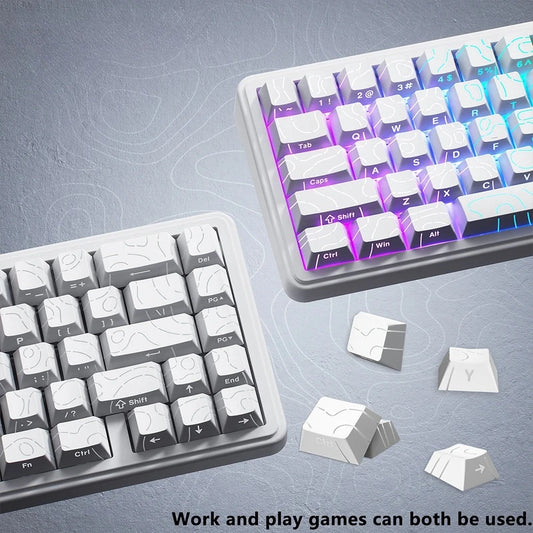 Topographic contour-pattern PBT keycap set with side-printed legends on a mechanical keyboard