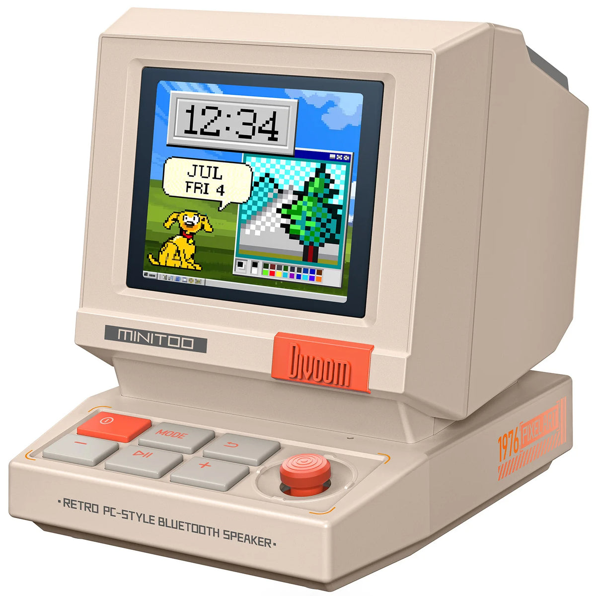 Divoom MiniToo beige retro computer-style speaker showing pixel art on its screen