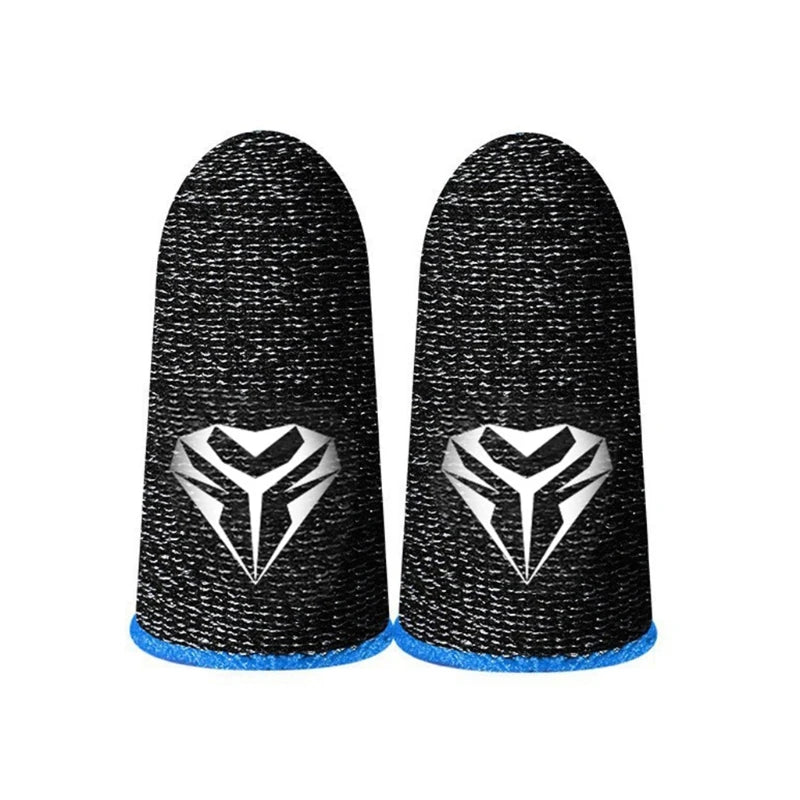 Pair of fabric gaming finger sleeves on thumbs holding a phone