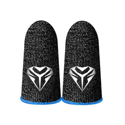 Pair of fabric gaming finger sleeves on thumbs holding a phone