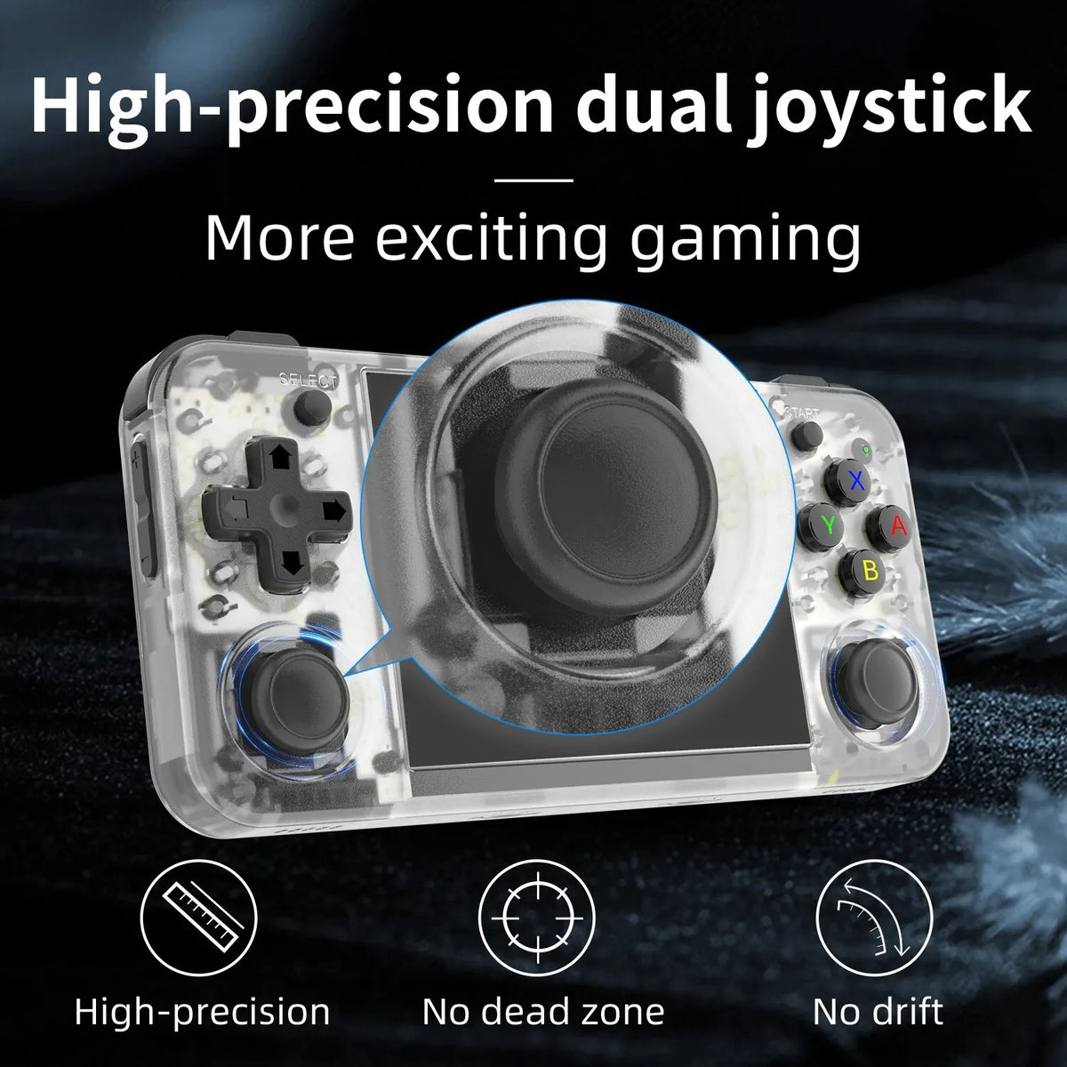 Close-up of the RG35XX H joystick with feature text