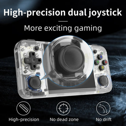 Close-up of the RG35XX H joystick with feature text
