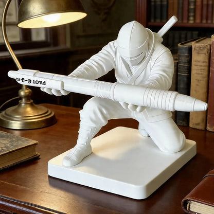 3D printed ninja figure pen holder holding pens on a desk
