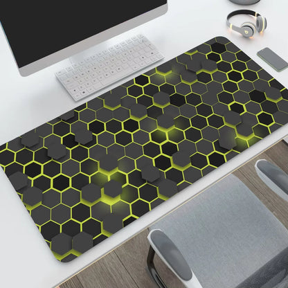 Hexagon desk mat, yellow-green glow design, on a desk
